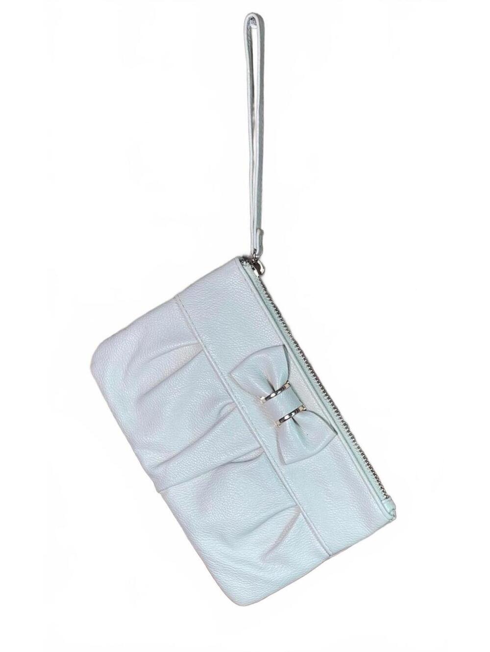 White Faux Leather Wristlet Clutch with Bow Accent